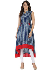 Blue printed sleeveless cotton A-line kurta
