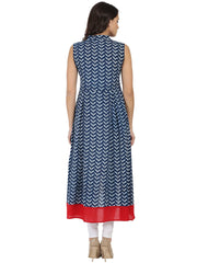 Blue printed sleeveless cotton A-line kurta
