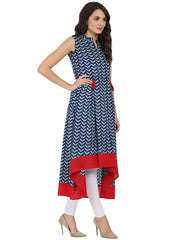 Blue printed sleeveless cotton A-line kurta