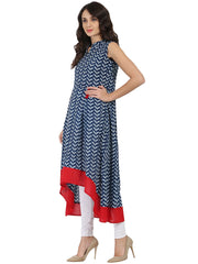 Blue printed sleeveless cotton A-line kurta