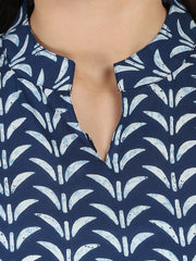 Blue printed sleeveless cotton A-line kurta