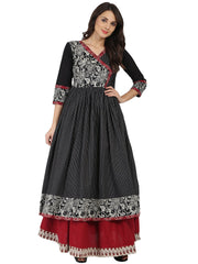 Black printed 3/4th sleeve Cotton Angrakha style kurta