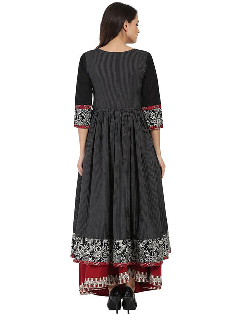 Black printed 3/4th sleeve Cotton Angrakha style kurta