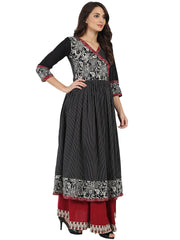 Black printed 3/4th sleeve Cotton Angrakha style kurta
