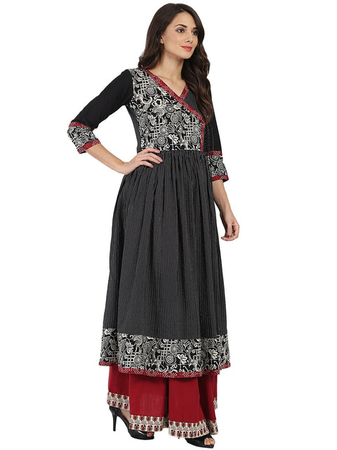 Black printed 3/4th sleeve Cotton Angrakha style kurta