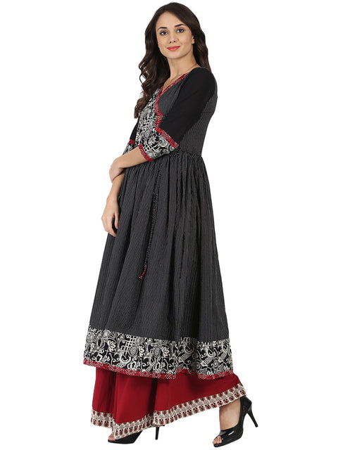 Black printed 3/4th sleeve Cotton Angrakha style kurta