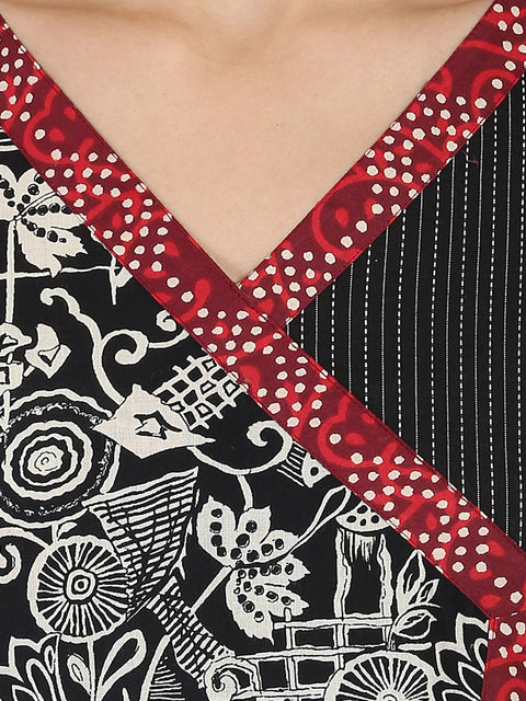 Black printed 3/4th sleeve Cotton Angrakha style kurta