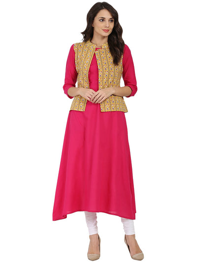 Pink 3/4th sleeve cotton A-line kurta with yellow printed Jacket