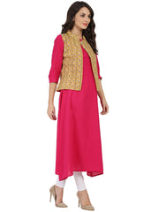 Pink 3/4th sleeve cotton A-line kurta with yellow printed Jacket