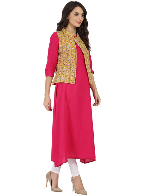 Pink 3/4th sleeve cotton A-line kurta with yellow printed Jacket