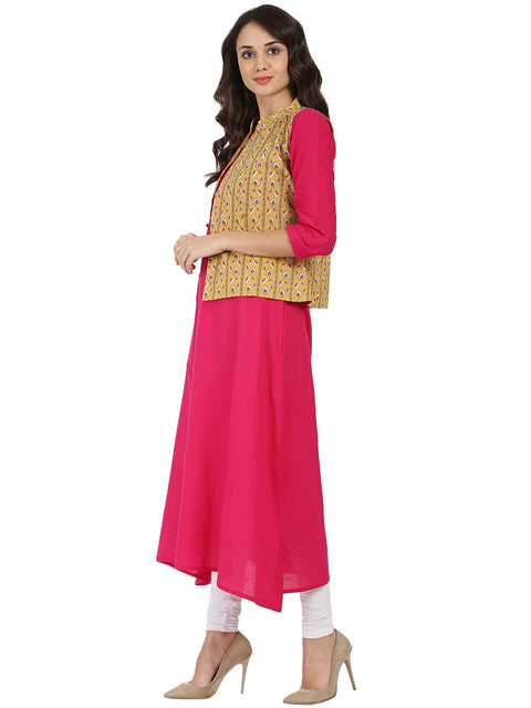 Pink 3/4th sleeve cotton A-line kurta with yellow printed Jacket