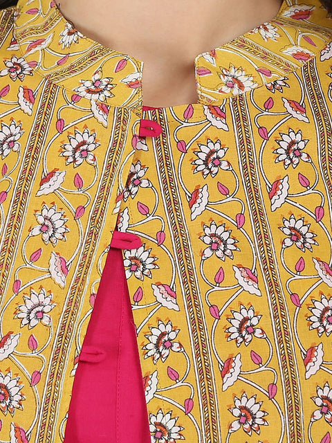 Pink 3/4th sleeve cotton A-line kurta with yellow printed Jacket