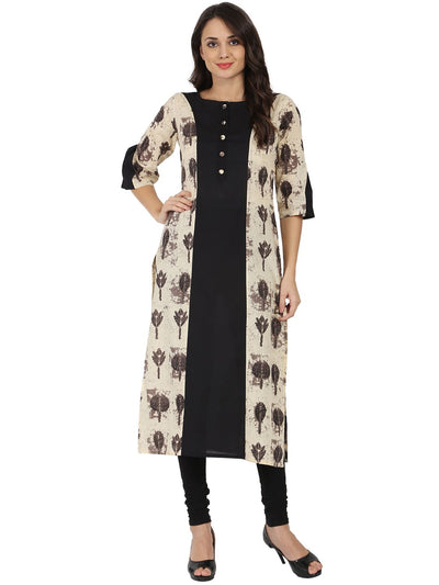 Black & Beige printed 3/4th sleeve cotton A-line kurta