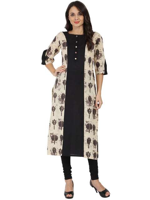 Black & Beige printed 3/4th sleeve cotton A-line kurta