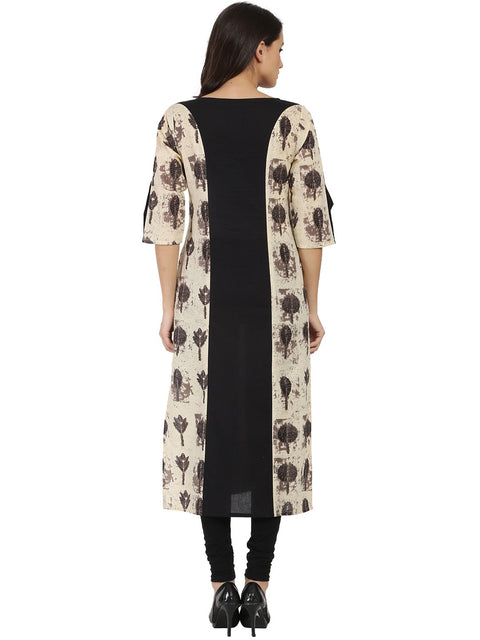 Black & Beige printed 3/4th sleeve cotton A-line kurta