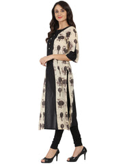 Black & Beige printed 3/4th sleeve cotton A-line kurta