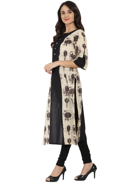 Black & Beige printed 3/4th sleeve cotton A-line kurta