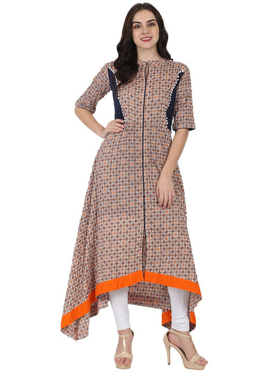 Nude printed half sleeve cotton A-line high low kurta