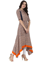 Nude printed half sleeve cotton A-line high low kurta