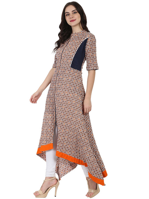 Nude printed half sleeve cotton A-line high low kurta