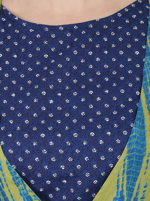 Blue printed cotton kurta with green printed full sleeve tiered Anarkali shape Ankle length jacket