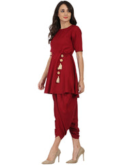 Maroon Half sleeve Rayon A-line kurta with Red pleated dhoti