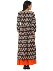 Brown printed 3/4th sleeve cotton A-line kurta with orange flared skirt