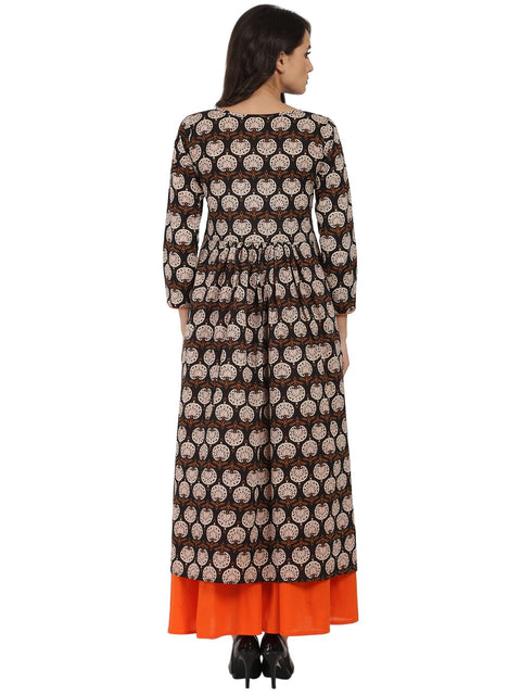 Brown printed 3/4th sleeve cotton A-line kurta with orange flared skirt