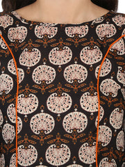 Brown printed 3/4th sleeve cotton A-line kurta with orange flared skirt