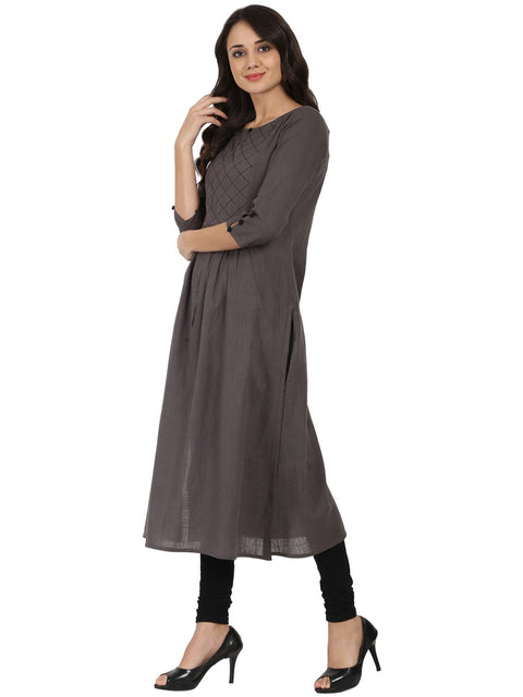 Grey 3/4th Sleeve cotton Slub Anarkali kurta