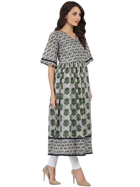 Grey printed half sleeve Cotton Anarkali kurta
