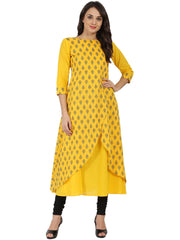 Yellow printed 3/4th sleeve cotton double layer A-line kurta