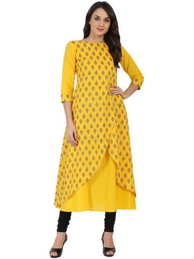 Yellow printed 3/4th sleeve cotton double layer A-line kurta
