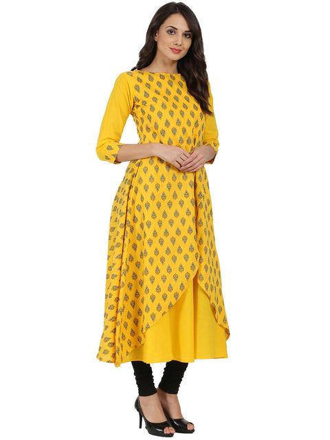 Yellow printed 3/4th sleeve cotton double layer A-line kurta