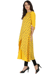 Yellow printed 3/4th sleeve cotton double layer A-line kurta