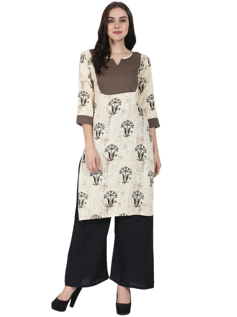 Beige printed 3/4th sleeve cotton kurta