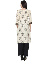 Beige printed 3/4th sleeve cotton kurta