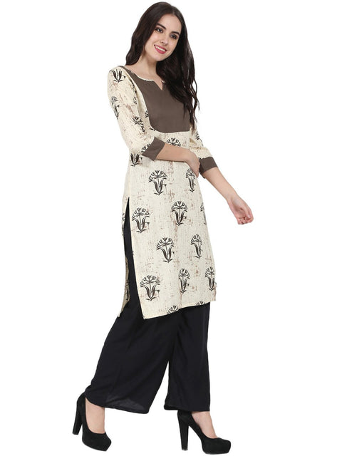 Beige printed 3/4th sleeve cotton kurta