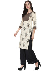 Beige printed 3/4th sleeve cotton kurta