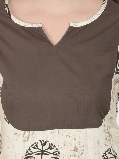 Beige printed 3/4th sleeve cotton kurta
