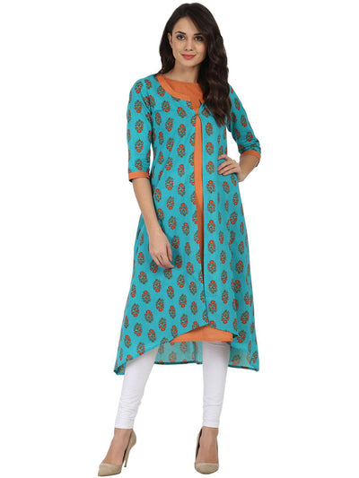 Blue printed 3/4th sleeve cotton Double layer A-line kurta