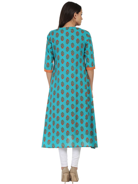 Blue printed 3/4th sleeve cotton Double layer A-line kurta