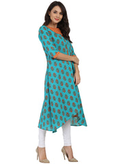 Blue printed 3/4th sleeve cotton Double layer A-line kurta