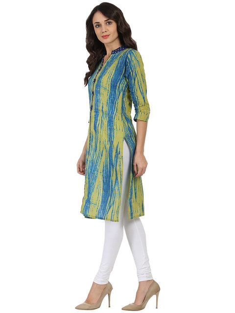 Green printed 3/4th sleeve cotton kurta