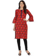 Red printed 3/4th flared sleeve cotton kurta