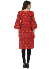Red printed 3/4th flared sleeve cotton kurta
