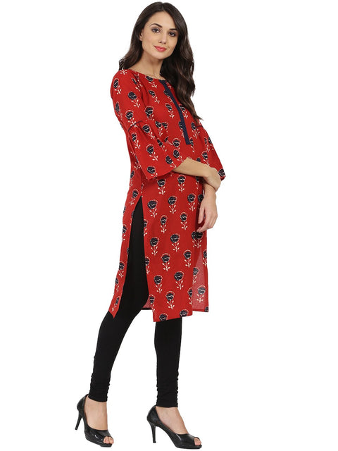 Red printed 3/4th flared sleeve cotton kurta