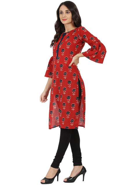 Red printed 3/4th flared sleeve cotton kurta