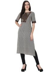 Brown printed half sleeve cotton A-line kurta with yoke design