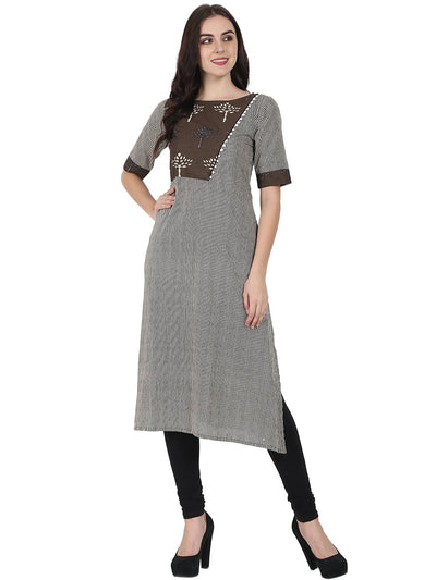 Brown printed half sleeve cotton A-line kurta with yoke design